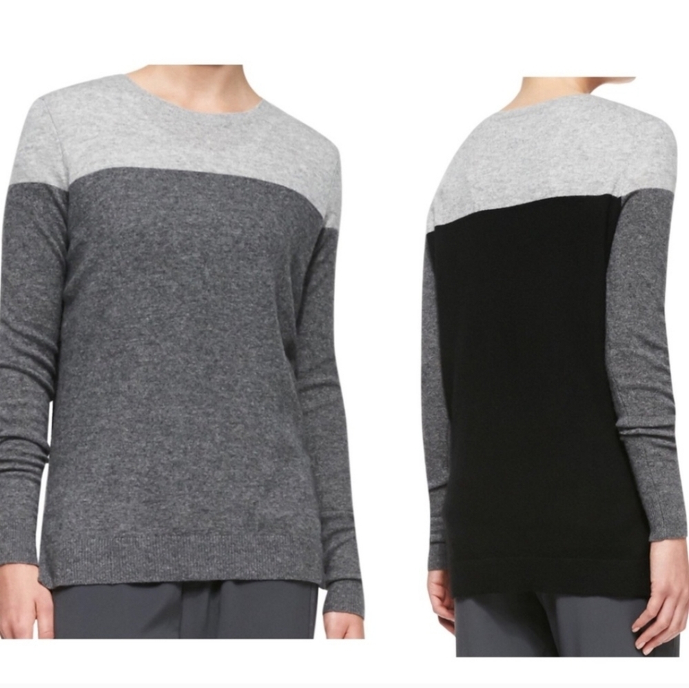Vince 100% Cashmere ColorBlock Gray Black Sweater Size Small Split Sides Hi Low